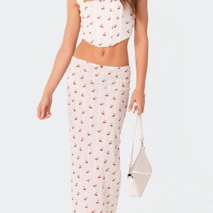 Edikted White Maxi Skirt with Red Cherry Print